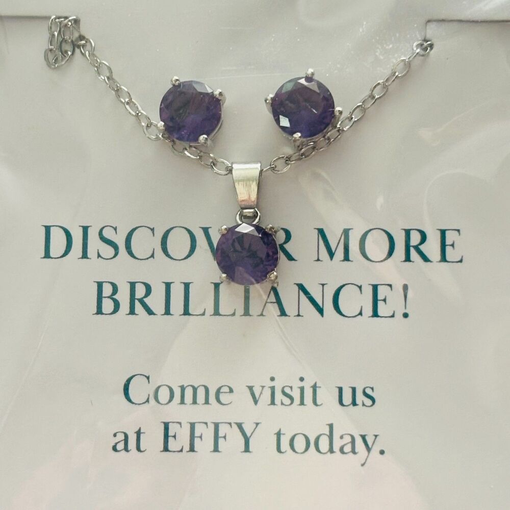 EFFY Amethyst Pendant Necklace & Stud Earrings Set Silver Tone New In Packaging